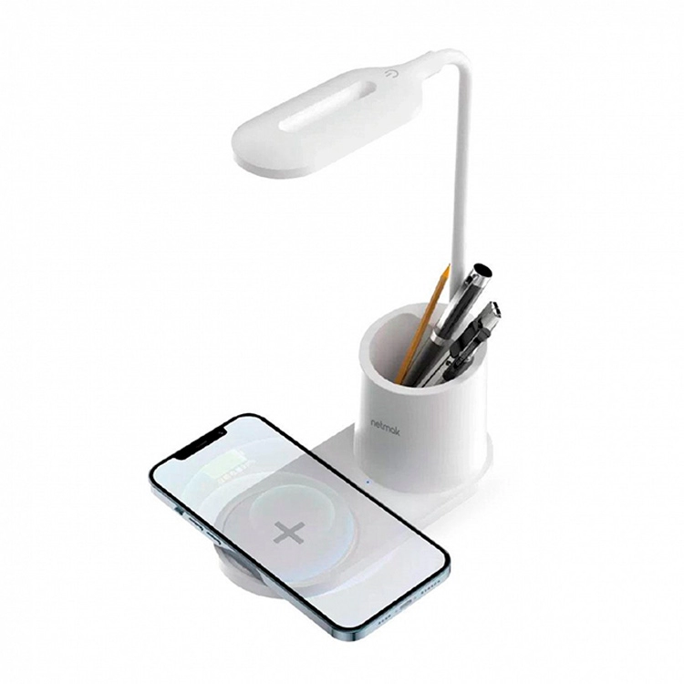 Lampara Led Netmak Carga Inalambrica 15W Soporte Celular Blanca Art.NM-CL13-W